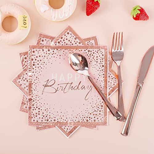 Tyzarglef 175PCS Happy Birthday Plates and Napkins Party Supplies, Paper Pink and Rose Gold Plastic Forks Knives Spoons Serve 25 Guests for Girl Women - Image 4