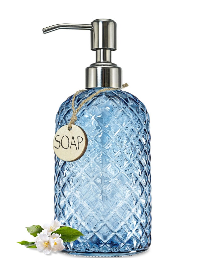 18 oz (Approx. 510.3 g) Jewel Pattern Kitchen Glass Soap Dispenser, Refillable Hand Soap Dispenser with Rust Resistant Stainless Steel Pump, Clear Soap Dispenser Bathroom Use for Dish Soap, Hand Soap, Lotion (Blue)  - Image 1