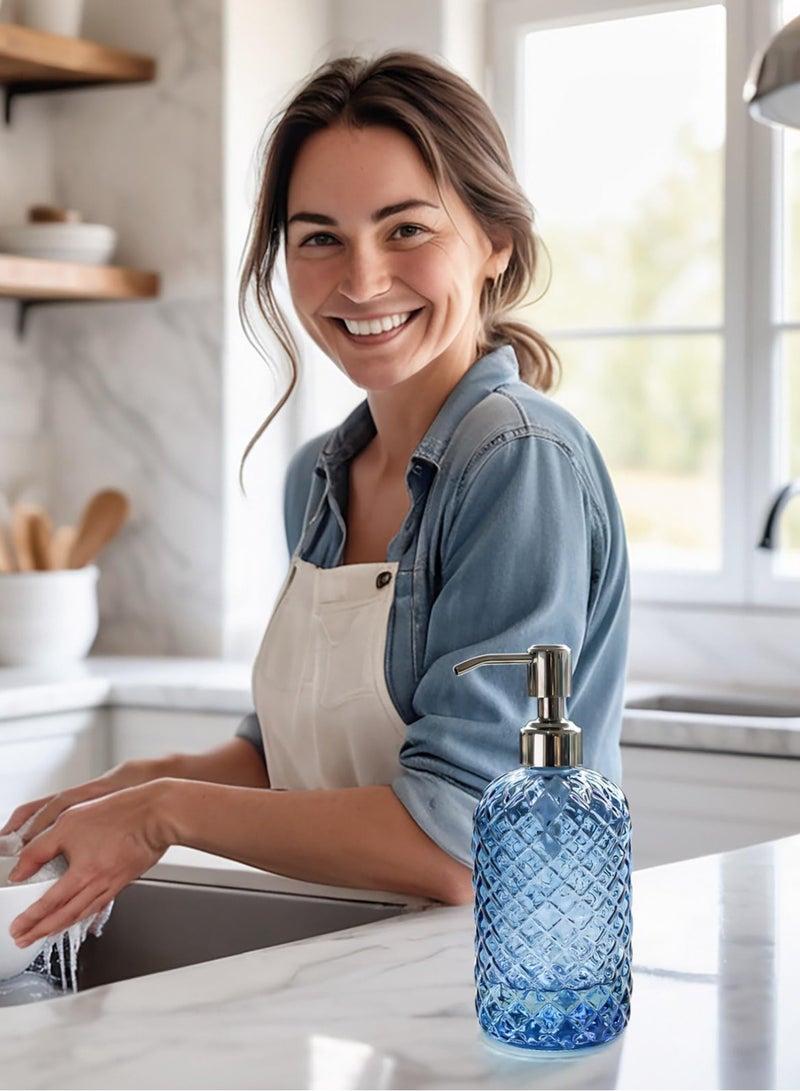 18 oz (Approx. 510.3 g) Jewel Pattern Kitchen Glass Soap Dispenser, Refillable Hand Soap Dispenser with Rust Resistant Stainless Steel Pump, Clear Soap Dispenser Bathroom Use for Dish Soap, Hand Soap, Lotion (Blue)  - Image 2