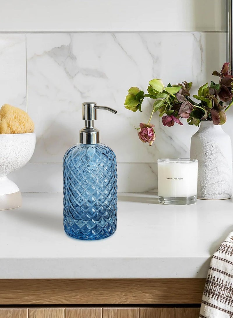 18 oz (Approx. 510.3 g) Jewel Pattern Kitchen Glass Soap Dispenser, Refillable Hand Soap Dispenser with Rust Resistant Stainless Steel Pump, Clear Soap Dispenser Bathroom Use for Dish Soap, Hand Soap, Lotion (Blue)  - Image 4