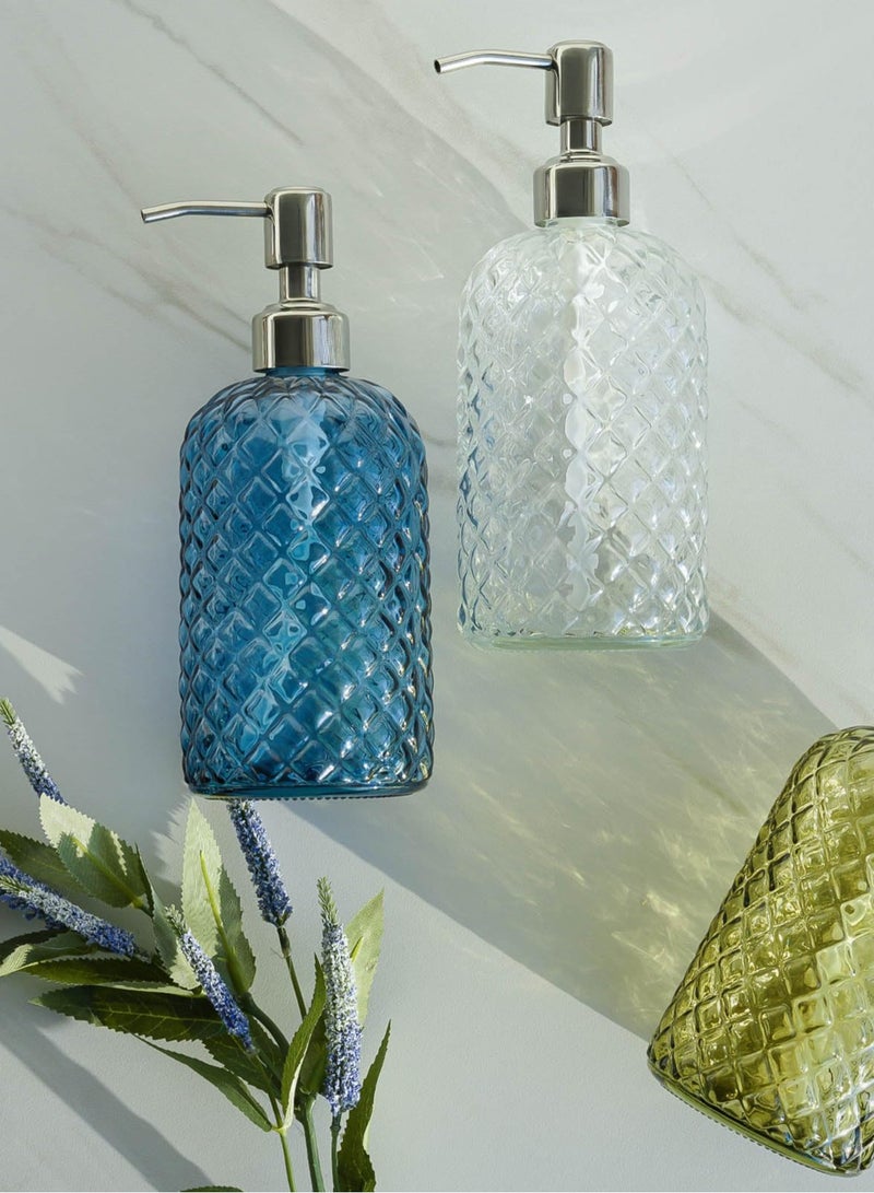 18 oz (Approx. 510.3 g) Jewel Pattern Kitchen Glass Soap Dispenser, Refillable Hand Soap Dispenser with Rust Resistant Stainless Steel Pump, Clear Soap Dispenser Bathroom Use for Dish Soap, Hand Soap, Lotion (Blue)  - Image 5