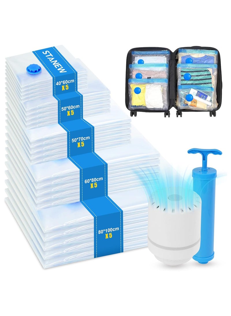 عربست أكياس تخزين مفرغة من الهواء، 25 قطعة كبيرة الحجم، بسحاب فاخر، أكياس ضغط قابلة لإعادة الاستخدام، موفرة للمساحة مع مضخة كهربائية ومضخة يدوية، تُستخدم أكياس التفريغ للألحفة والوسائد والبطانيات والستائر والسفر والملابس - Image 1