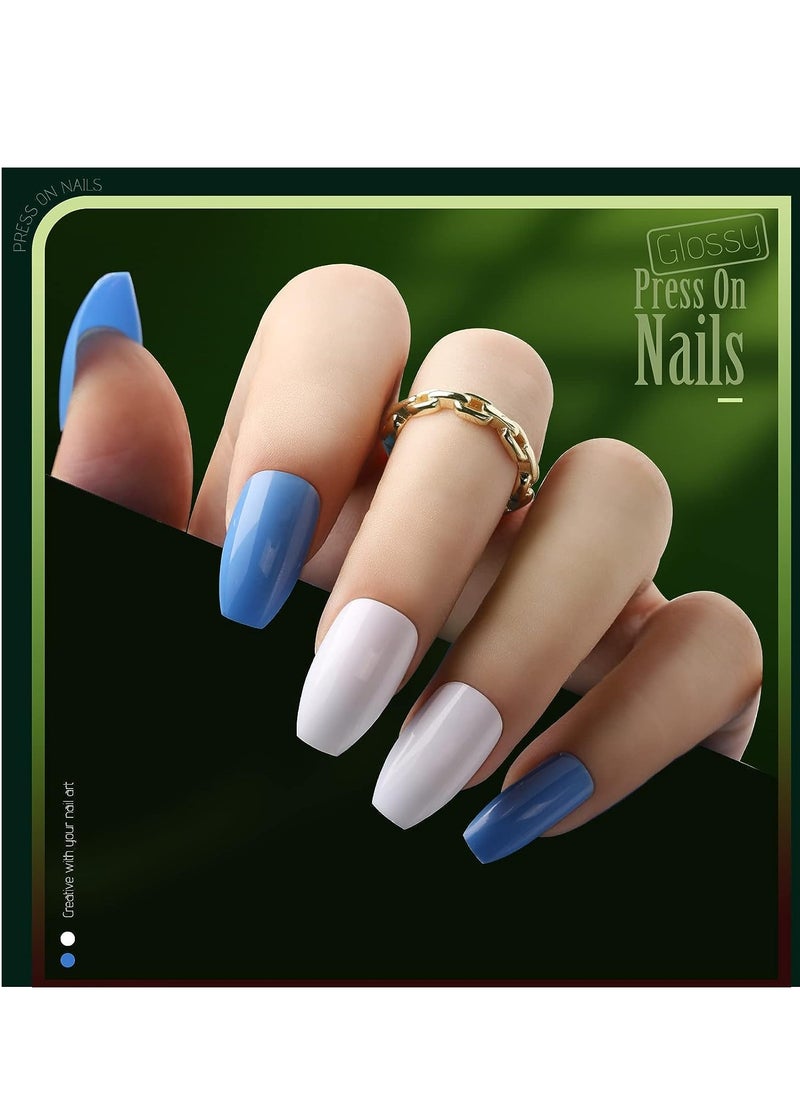 Nail design kit consisting of 36 pieces, 24 pieces of colored press-on nails, 2 stickers, rhinestones, 5 double-face stickers, 2 files, 2 cuticle pushers, and nail glue.