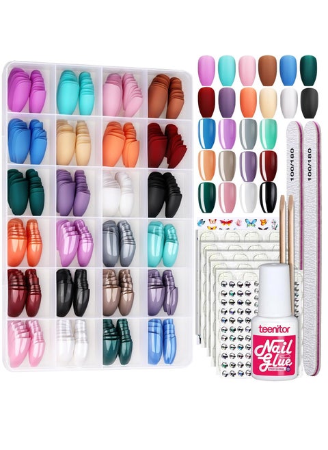 Nail design kit consisting of 36 pieces, 24 pieces of colored press-on nails, 2 stickers, rhinestones, 5 double-face stickers, 2 files, 2 cuticle pushers, and nail glue.
