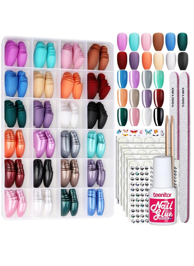 Nail design kit consisting of 36 pieces, 24 pieces of colored press-on nails, 2 stickers, rhinestones, 5 double-face stickers, 2 files, 2 cuticle pushers, and nail glue.