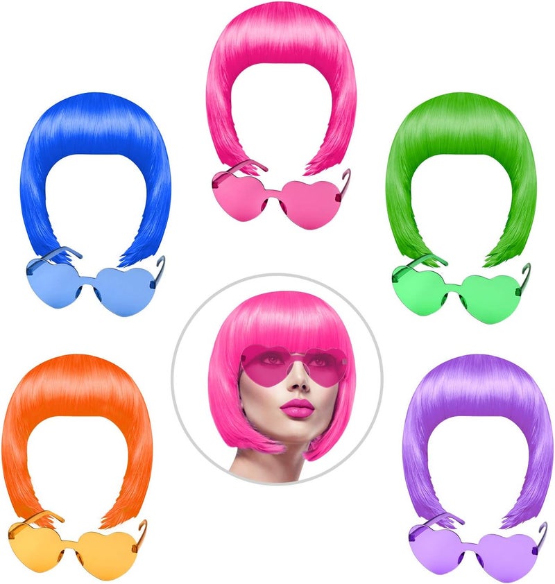 KUUQA 10 Pieces Party Wigs and Sunglass Set Neon Short Bob Wig Sunglass Pack Costume Colorful Cosplay Wig Daily Party Hairpieces for Bachelorette Neon Party Favors Halloween and Decorations