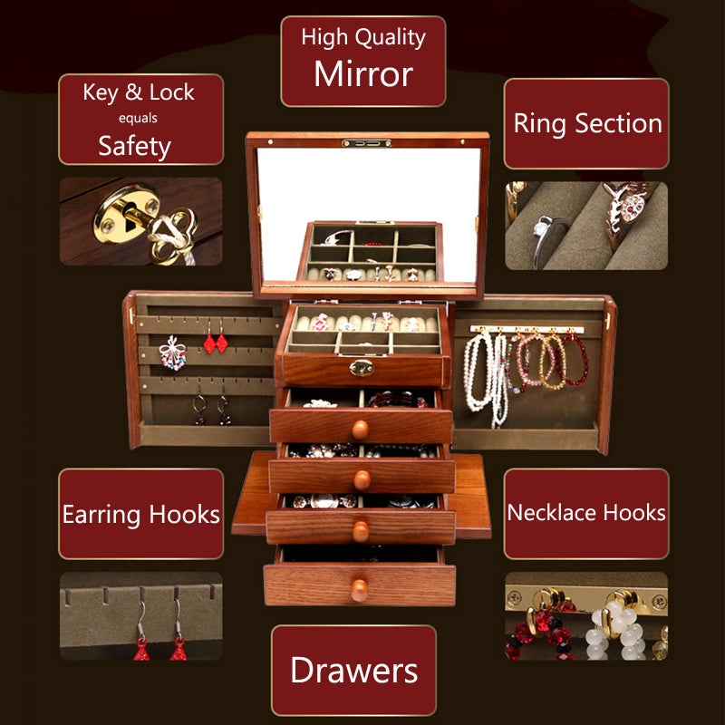Changsuo Wooden Jewelry Box for Women, Organizer Box of Solid Wood with Lock and Key for Jewelries, Watches, Necklace, Ring, Lockable Storage Case (Cherry) - Image 5