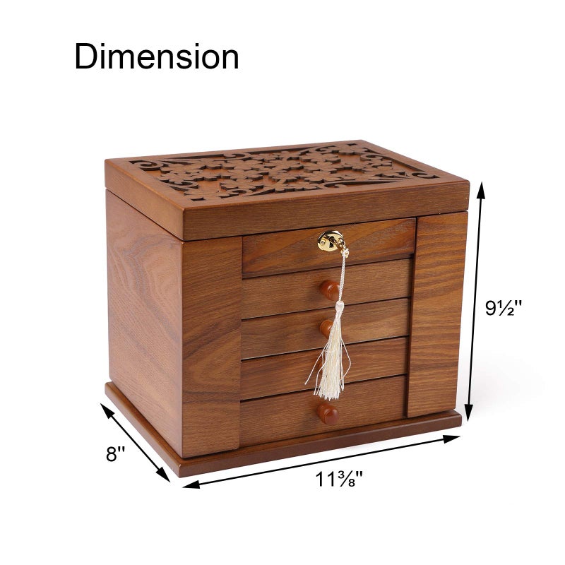 Changsuo Wooden Jewelry Box for Women, Organizer Box of Solid Wood with Lock and Key for Jewelries, Watches, Necklace, Ring, Lockable Storage Case (Cherry) - Image 4