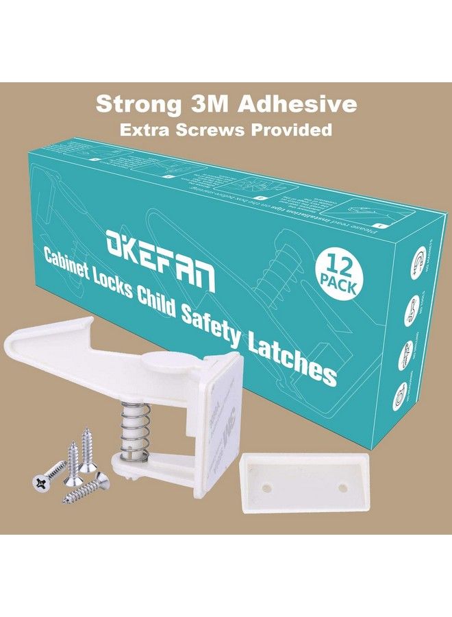 OKEFAN Cabinet Locks Child Safety Latches Okefan 12 Pack Baby Proofing Cabinets Drawer Lock Adhesive Latch For Kids Proof Drawers No Drilling Tools Needed (White) - Image 3