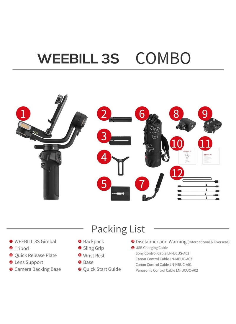 ZHIYUN Weebill 3S Combo [Official] Gimbal Stabilizer for DSLR and Mirrorless Camera Canon/Nikon/Sony/Panasonic/Fujifilm, Native Vertical Shooting,Extendable Sling Grip
