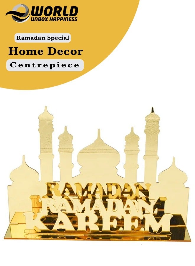 Eworld Exquisite Acrylic Ramadan Tabletop Decor for Home Islamic Lightweight Craft Ornament Featuring Elegant Ramadan Kareem Calligraphy, Perfect Crescent Ornaments for Islamic Parties, Radiant in Gold - Image 1