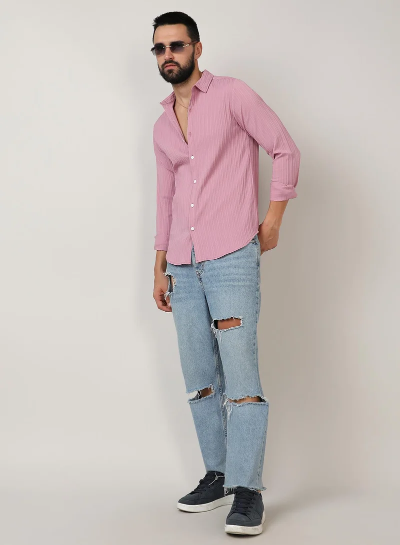 Campus Sutra Men's Salmon Pink Self-Design Striped Shirt
