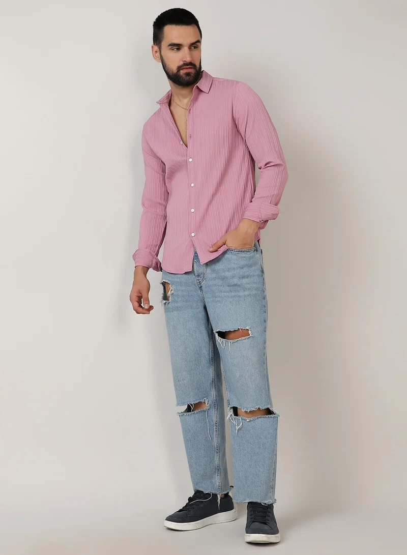 Campus Sutra Men's Salmon Pink Self-Design Striped Shirt