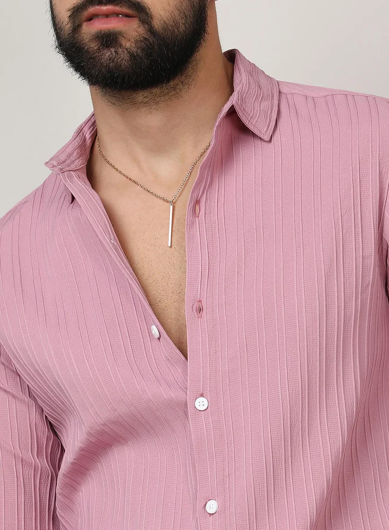 Campus Sutra Men's Salmon Pink Self-Design Striped Shirt