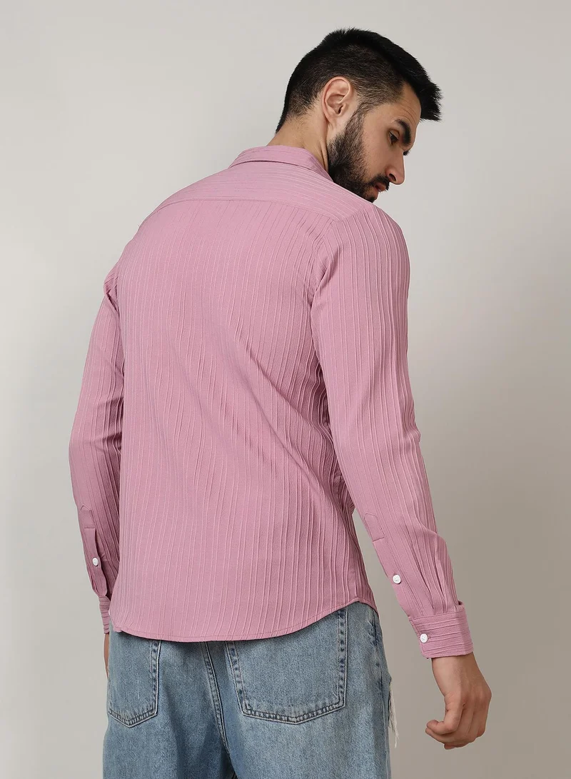 Campus Sutra Men's Salmon Pink Self-Design Striped Shirt