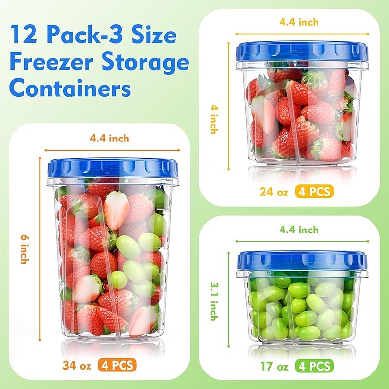 BiuLeon 12 Pack- 34/24/17oz Freezer Storage Containers, Plastic Food Storage Containers with Twist Top Lids, BPA Free and Reusable Soup Containers with Lids, Leakproof/Microwave/Dishwasher Safe - Image 2