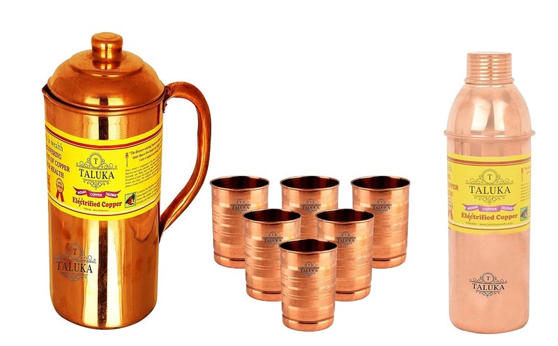 Taluka Plain Copper Jug Pitcher 1500 ml with 6 Copper Glass Cup 1 Water Bottle Storage Drinking Home Hotel Restaurant Tableware - Image 1