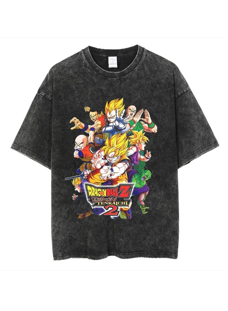Washed retro T-shirt street hip hop anime Dragon Ball casual cotton summer short sleeves
