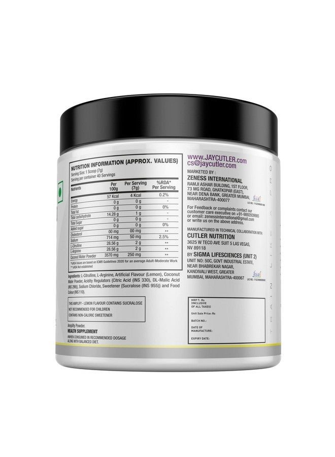 Cutler Nutrition Cutler Nutrition Amplify - Caffeine Free Pre Workout for Men and Women | Stimulant Free, Arginine, Coconut Water, and L-Citrulline, 40 servings (Sour Lemonade) | 300g  - Image 3