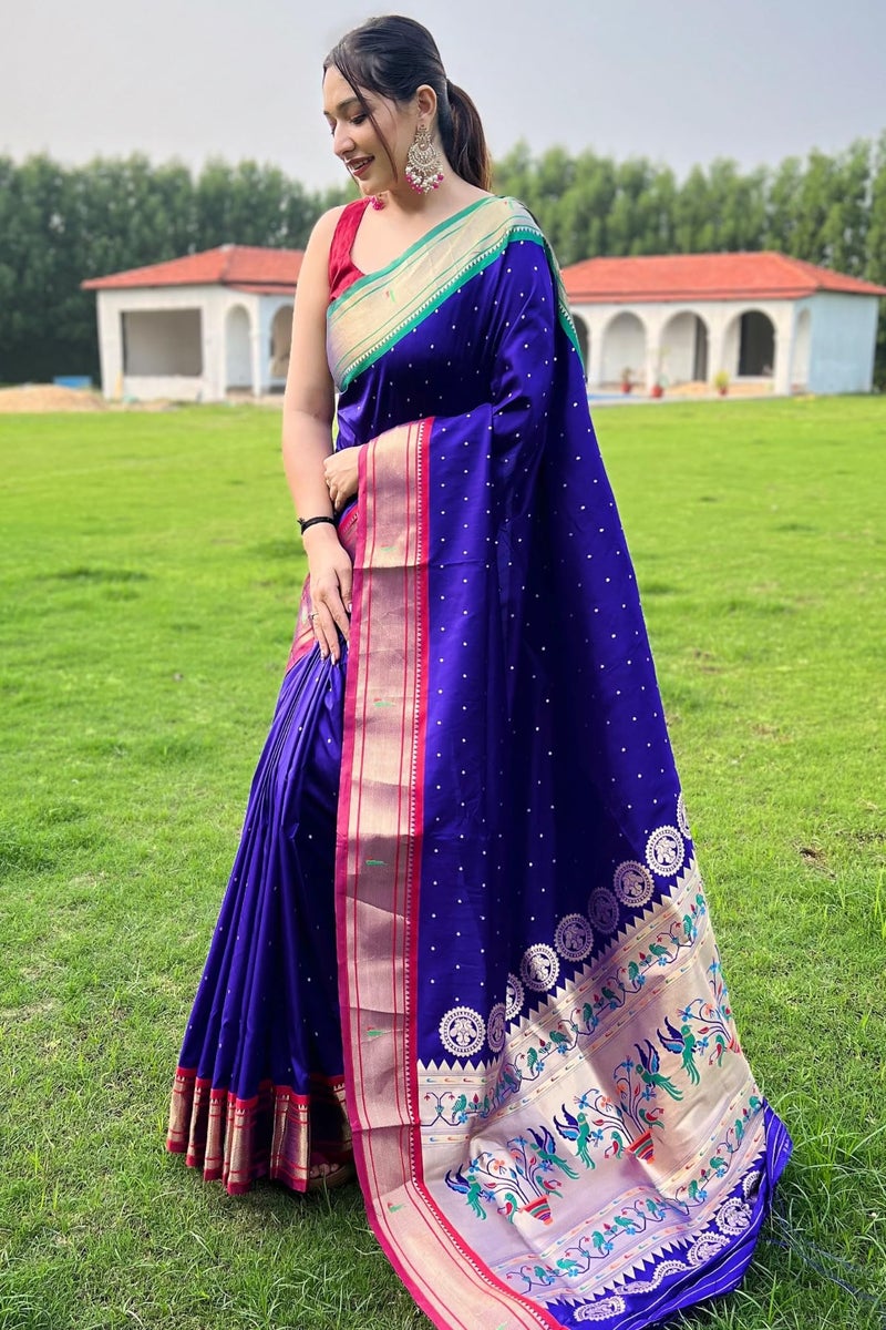 SGF11 Women's Paithani Soft Lichi Silk Kanjivaram Sarees With Blouse Piece (Royal Blue) - Image 2