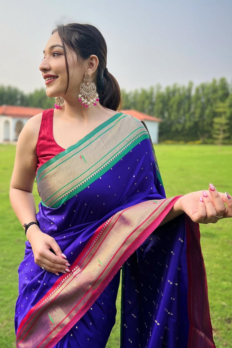 SGF11 Women's Paithani Soft Lichi Silk Kanjivaram Sarees With Blouse Piece (Royal Blue) - Image 3