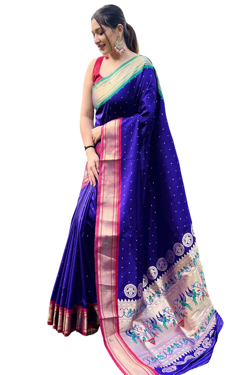 SGF11 Women's Paithani Soft Lichi Silk Kanjivaram Sarees With Blouse Piece (Royal Blue) - Image 1