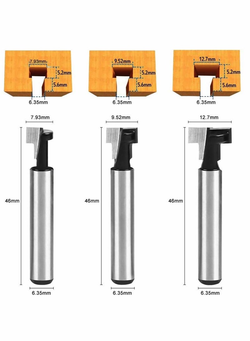 Excefore T-Slot Cutter Set, 3PCS 6.35mm/1/4" Shank Steel Handle T-Slot Cutter, 1/2", 3/8" & 5/16" Length Woodworking Router Bit for Wood Hex Bolt T-Track Slotting Milling Cutters - Image 2