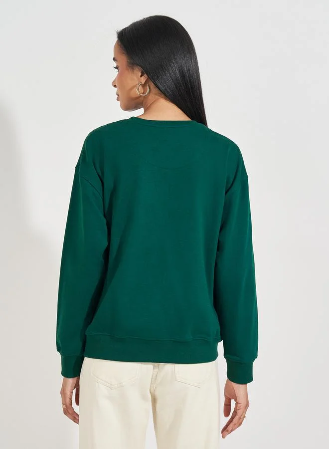 Styli Regular Fit Longline Embroidered Slogan Sweatshirt