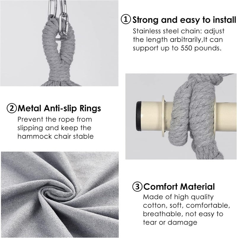 Y- STOP Hammock Chair Hanging Rope Swing, Max 500 Lbs, 2 Cushions Included, Large Macrame Hanging Chair with Pocket for Superior Comfort, with Hardware Kit (Light Grey) - Image 4