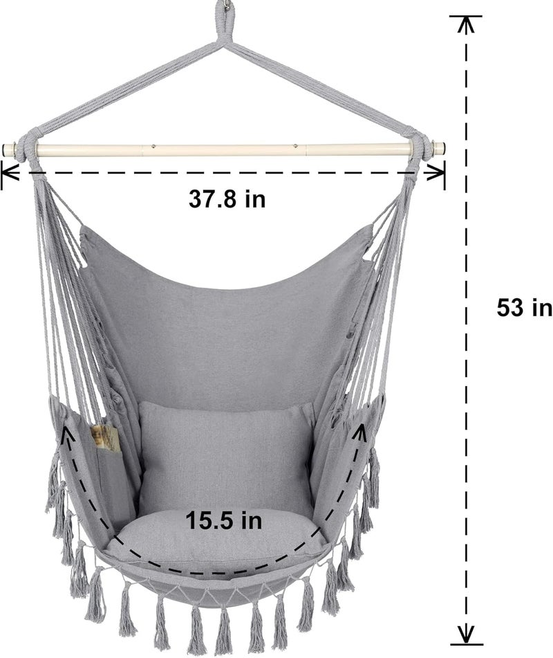 Y- STOP Hammock Chair Hanging Rope Swing, Max 500 Lbs, 2 Cushions Included, Large Macrame Hanging Chair with Pocket for Superior Comfort, with Hardware Kit (Light Grey) - Image 5