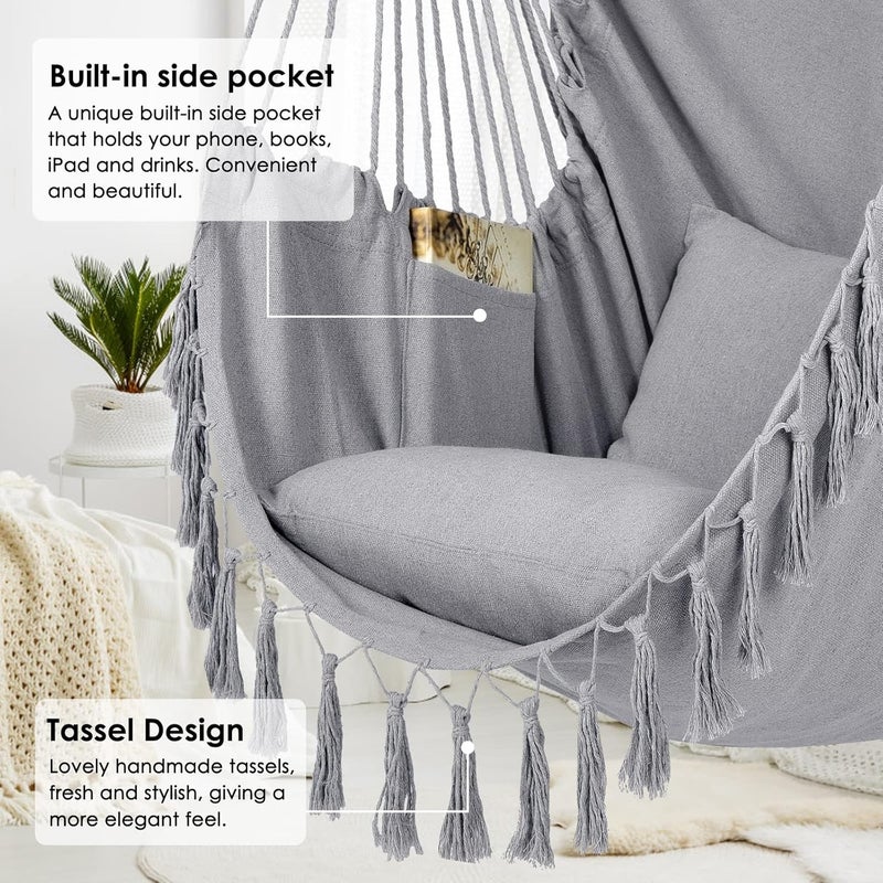 Y- STOP Hammock Chair Hanging Rope Swing, Max 500 Lbs, 2 Cushions Included, Large Macrame Hanging Chair with Pocket for Superior Comfort, with Hardware Kit (Light Grey) - Image 3