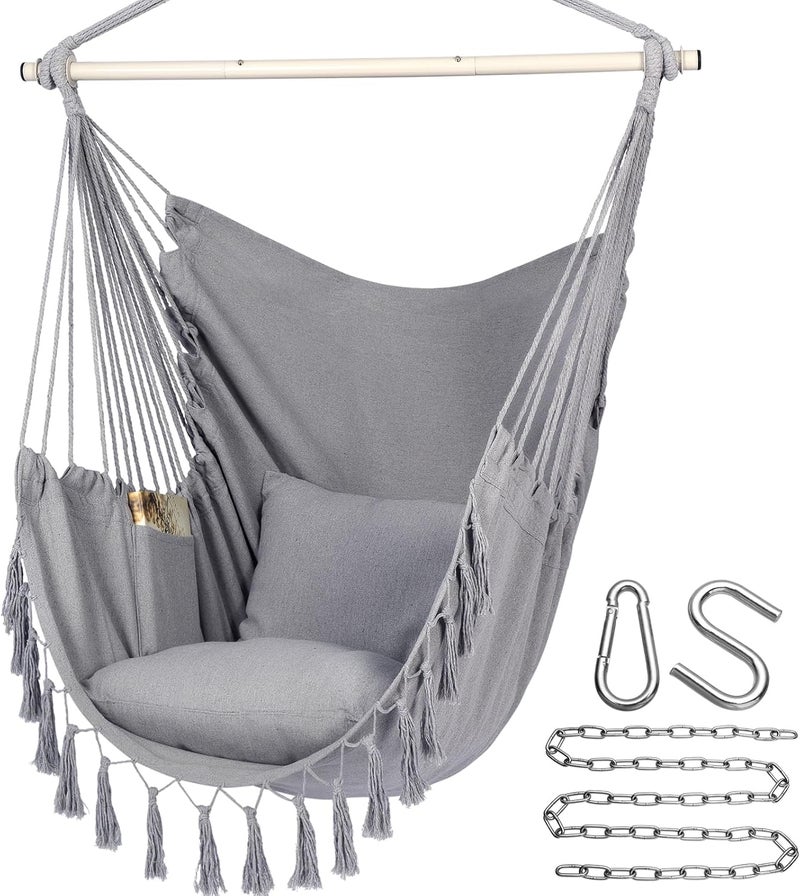Y- STOP Hammock Chair Hanging Rope Swing, Max 500 Lbs, 2 Cushions Included, Large Macrame Hanging Chair with Pocket for Superior Comfort, with Hardware Kit (Light Grey) - Image 1