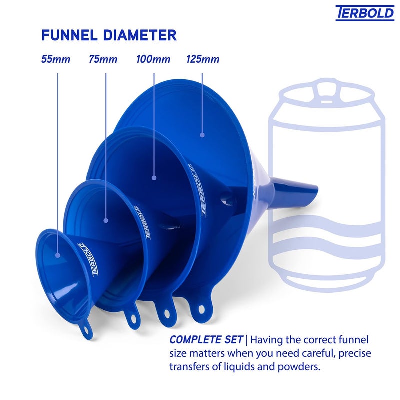 Terbold 4pc Funnel Nesting Set in BPA Free Plastic for Kitchen Cooking, Car Oil, Home, or Lab Use (Blue) - Image 5