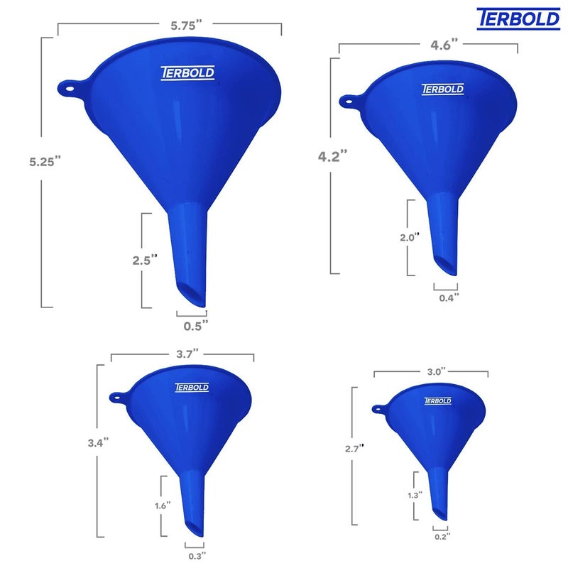 Terbold 4pc Funnel Nesting Set in BPA Free Plastic for Kitchen Cooking, Car Oil, Home, or Lab Use (Blue) - Image 2