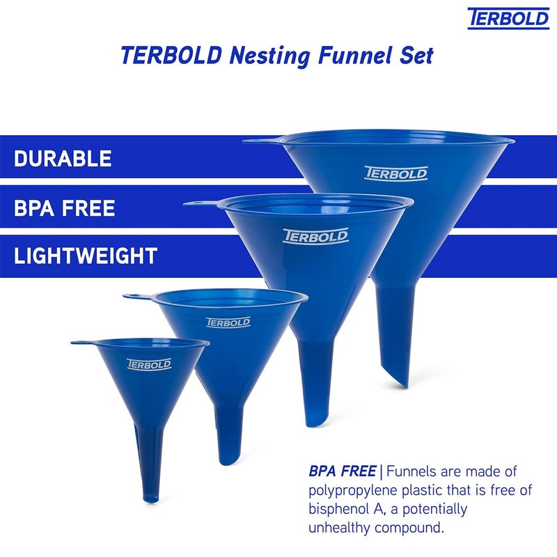 Terbold 4pc Funnel Nesting Set in BPA Free Plastic for Kitchen Cooking, Car Oil, Home, or Lab Use (Blue) - Image 3