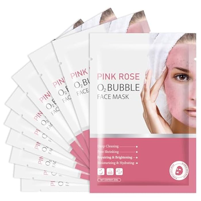 IREV Pack of 10 Pink Rose O2 Bubble Face Masks Skincare, Spa Presents for Women, Bubble Face Sheet Mask Cleaner Foaming Purifying Facial Mask for Acne and Pores Moisturizing Beauty Sheet Masks - Image 1