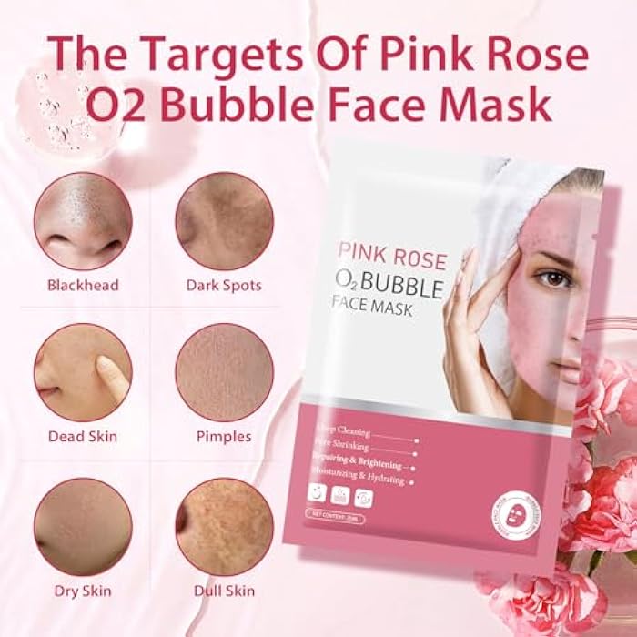 IREV Pack of 10 Pink Rose O2 Bubble Face Masks Skincare, Spa Presents for Women, Bubble Face Sheet Mask Cleaner Foaming Purifying Facial Mask for Acne and Pores Moisturizing Beauty Sheet Masks - Image 3
