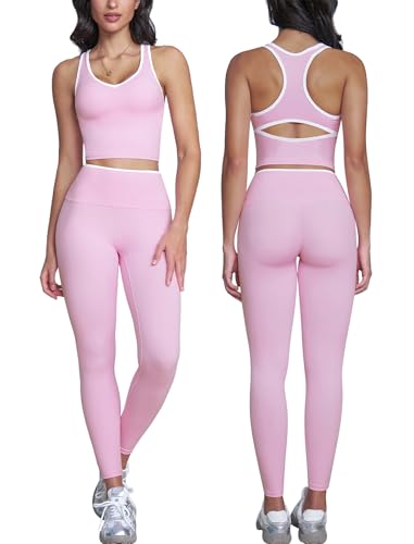 ABOCIW Workout Sets for Women Color Block Gym Set V Neck Racerback Tank Top Built in Bra High Waist Leggings Yoga Pilates Outfits Athletic Work Out Clothes Pink Small - Image 1
