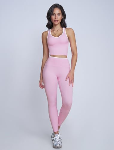 ABOCIW Workout Sets for Women Color Block Gym Set V Neck Racerback Tank Top Built in Bra High Waist Leggings Yoga Pilates Outfits Athletic Work Out Clothes Pink Small - Image 3