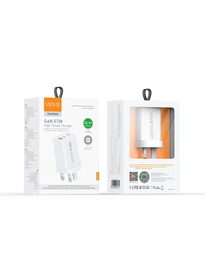 فيديفي شاحن حائط سريع VIDVIE PLB142 GaN بقوة 67 واط مع منفذين Type-C ومنفذ USB-A – يدعم PD/PPS - Image 3