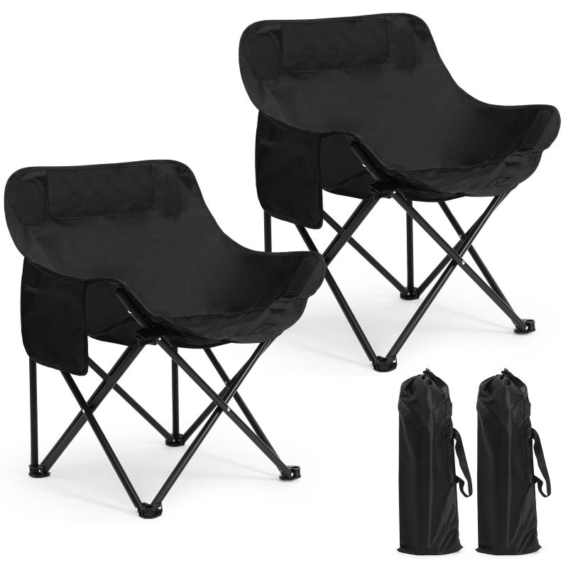 Seeloowy 2 Pack Compact Camping Chairs Portable Folding for Outside with Carry Bag Lightweight Moon Chairs for Travel Picnic Hiking Beach Fishing, 600D Oxford, Supports 330lbs(Black) - Image 1