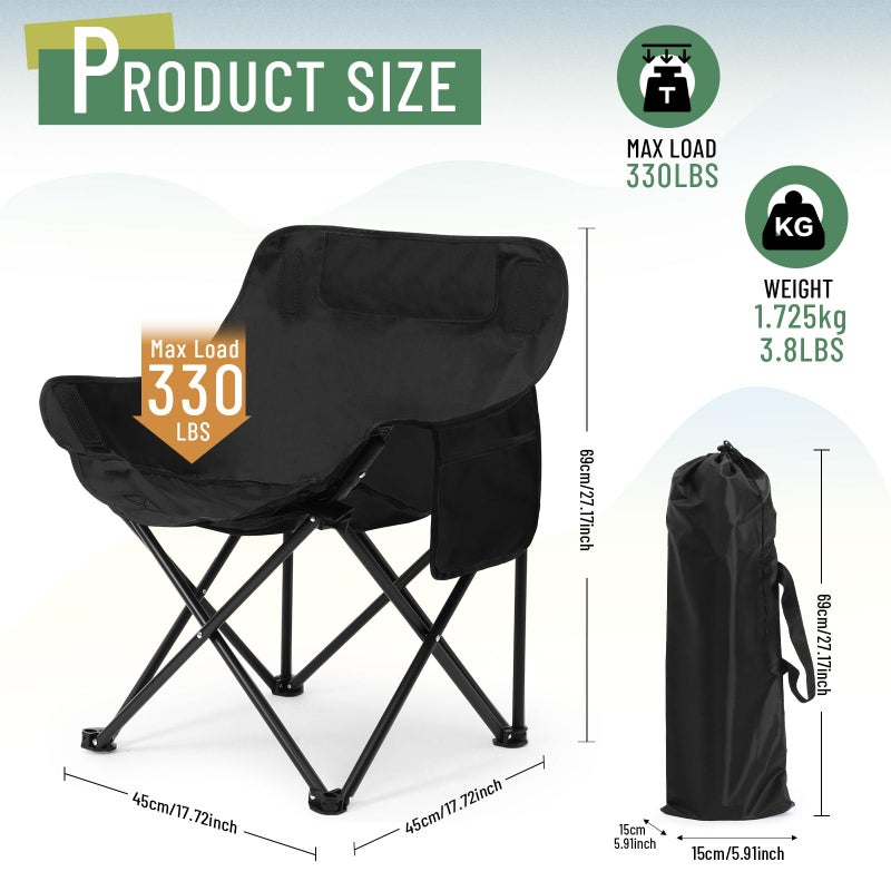 Seeloowy 2 Pack Compact Camping Chairs Portable Folding for Outside with Carry Bag Lightweight Moon Chairs for Travel Picnic Hiking Beach Fishing, 600D Oxford, Supports 330lbs(Black) - Image 2