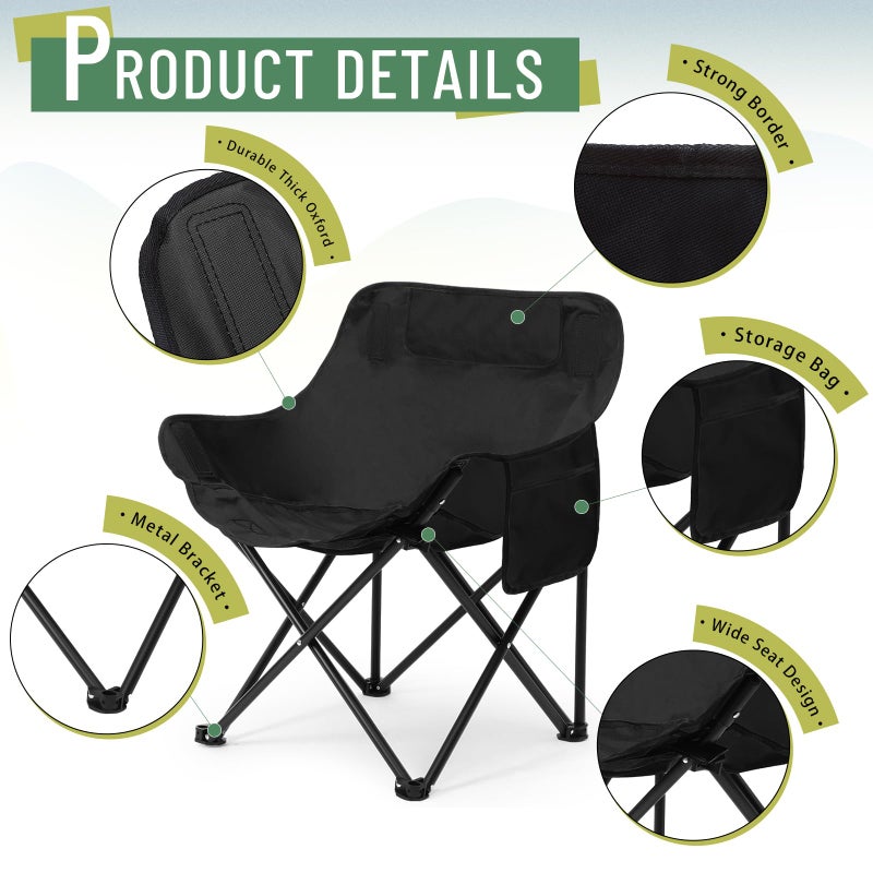 Seeloowy 2 Pack Compact Camping Chairs Portable Folding for Outside with Carry Bag Lightweight Moon Chairs for Travel Picnic Hiking Beach Fishing, 600D Oxford, Supports 330lbs(Black) - Image 3