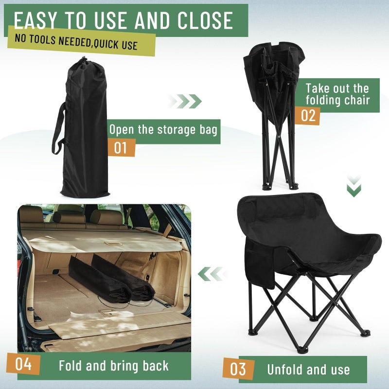 Seeloowy 2 Pack Compact Camping Chairs Portable Folding for Outside with Carry Bag Lightweight Moon Chairs for Travel Picnic Hiking Beach Fishing, 600D Oxford, Supports 330lbs(Black) - Image 5