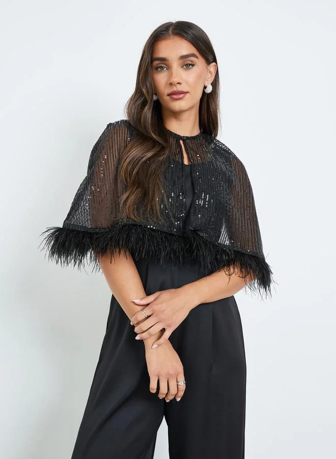 Styli Black Wide Leg Jumpsuit with Sequined Cape