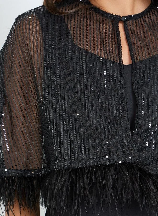Styli  Black Wide Leg Jumpsuit with Sequined Cape for Women | Best Price UAE