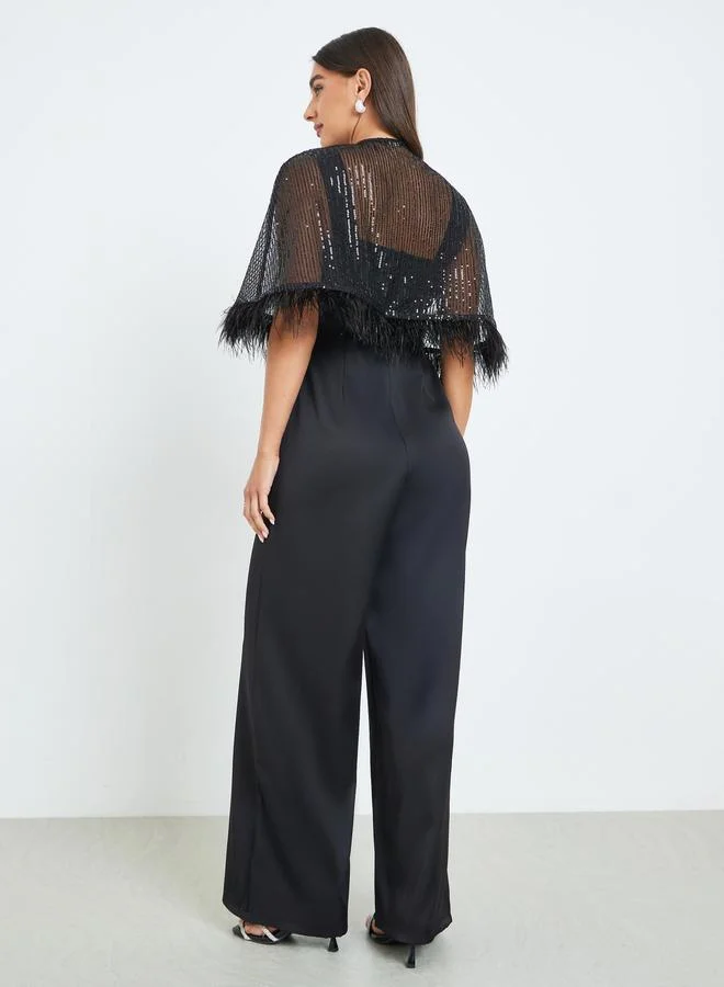 Styli  Black Wide Leg Jumpsuit with Sequined Cape for Women | Best Price UAE