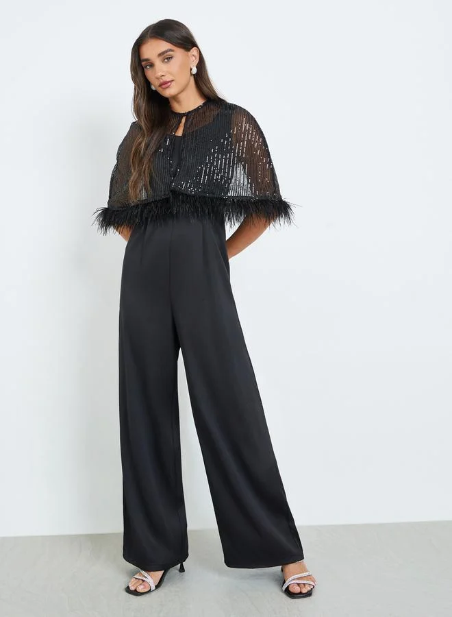 Styli  Black Wide Leg Jumpsuit with Sequined Cape for Women | Best Price UAE