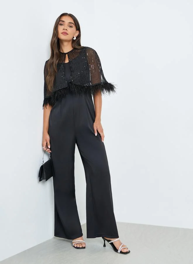 Black Wide Leg Jumpsuit with Sequined Cape