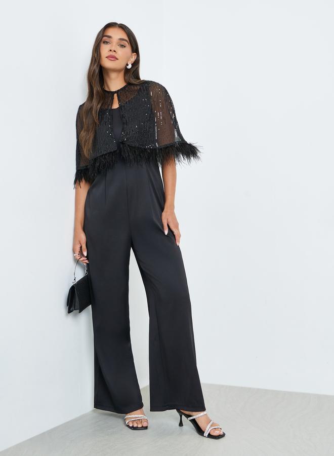 ستايلي جمبسوت بأرجل واسعة مع كاب مزين بالترتر - Image 1